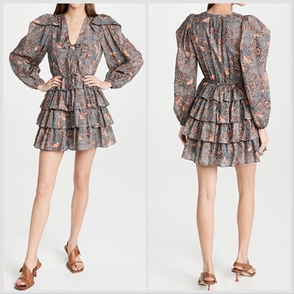 Ulla Johnson Tyra Mix Print Long Sleeve Cotton Blend Dress in Aegean Sz 8 - Picture 1 of 16